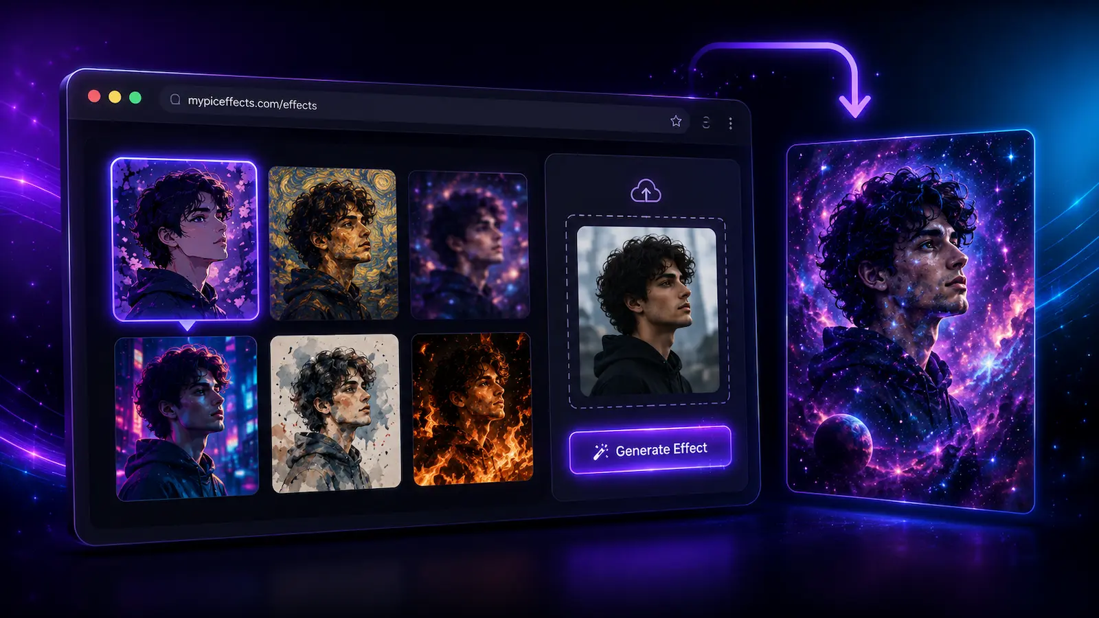 How to apply photo effects online for free on MyPicEffects — visual showing browser interface with effects gallery, photo upload area, and downloaded result