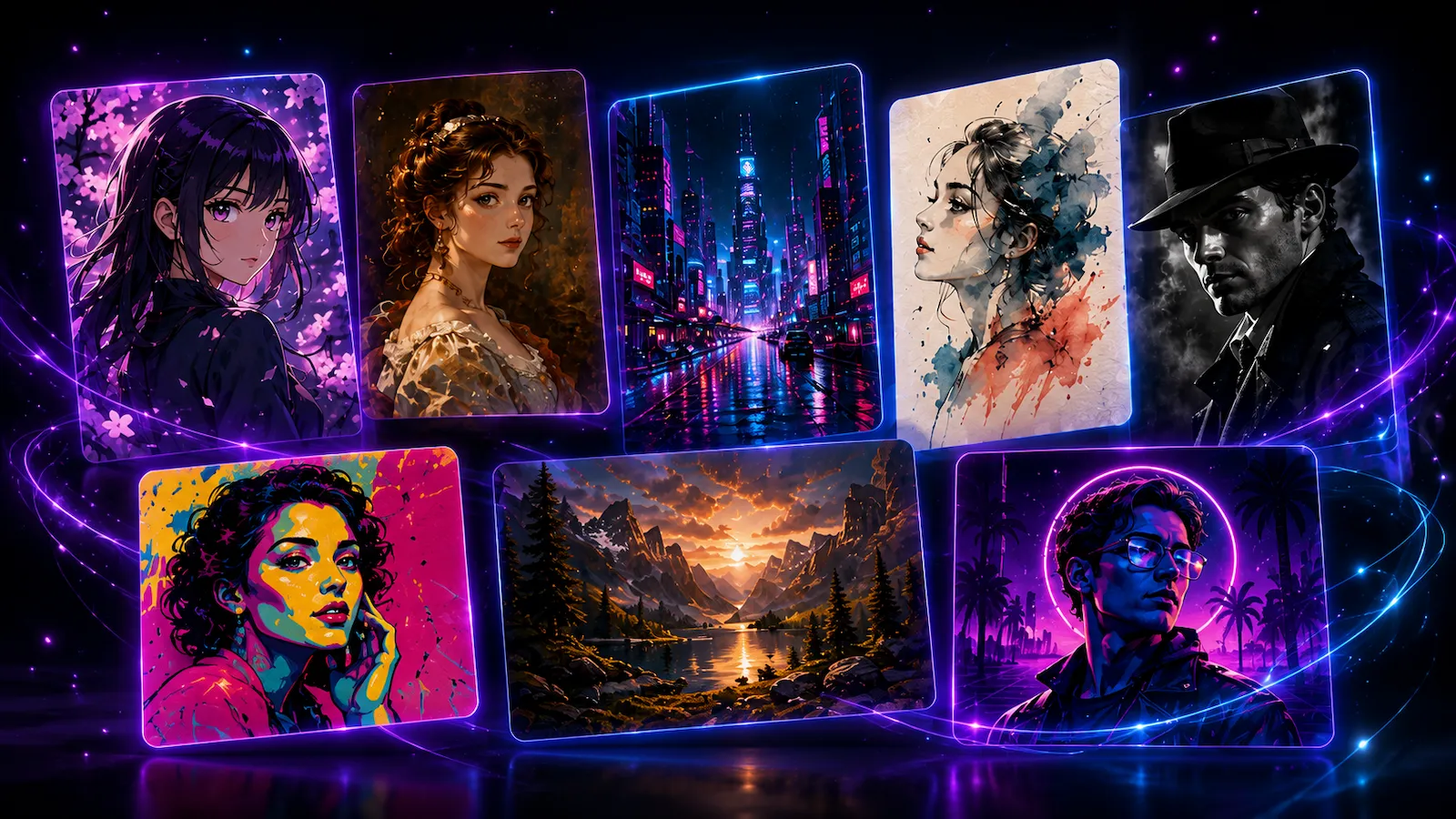 MyPicEffects hero showcase — collage of free AI photo effects, creative filters, before and after transformations applied to portraits and landscapes